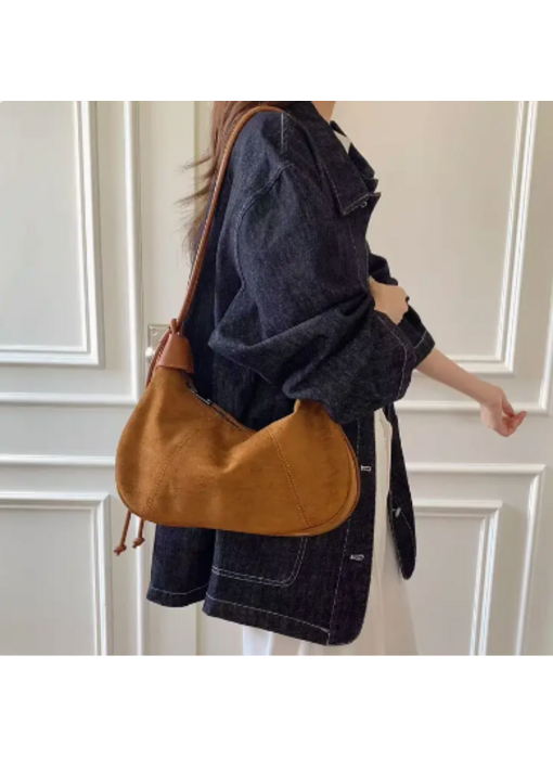 Suede-Like Microfiber Leather Shoulder/Crossbody Bag - Tan