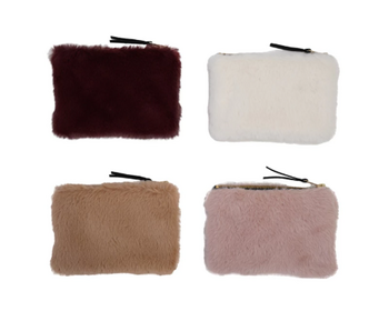 Faux Fur Fabric Zip Pouch with Interior Lining, 4 Colors