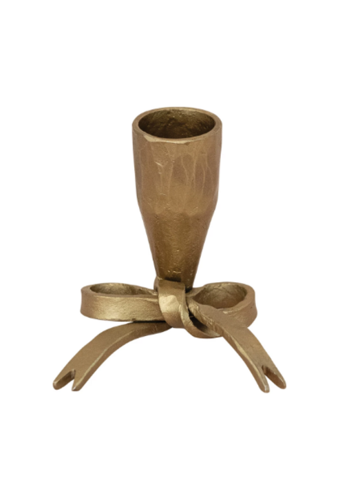 Hand-Forged Iron Bow Shaped Taper Holder, Antique Gold Finish