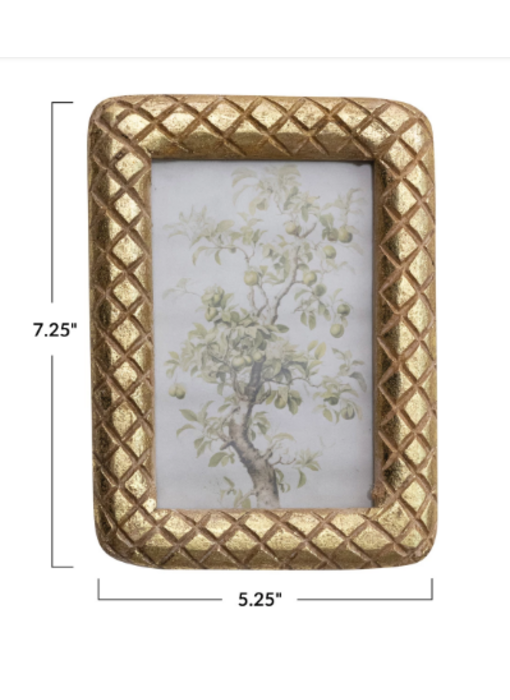 Carved Mango Wood Photo Frame w/ Diamond Pattern, Gold Foil Finish (Holds 4" x 6" Photo)
