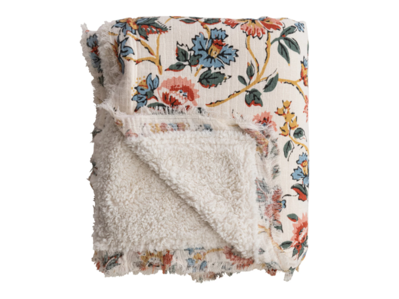 Creative Co-OP Woven Cotton Printed Throw w/ Sherpa Back, Flower Pattern & Fringe