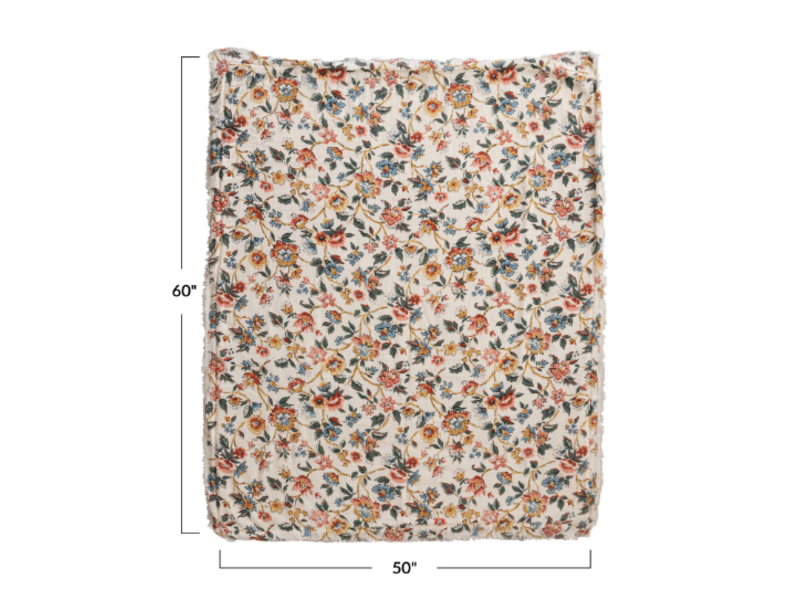 Creative Co-OP Woven Cotton Printed Throw w/ Sherpa Back, Flower Pattern & Fringe