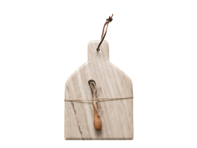 Creative Co-OP Marble Cheese/Cutting Board with Canape Knife, Sand Color, Set of 2