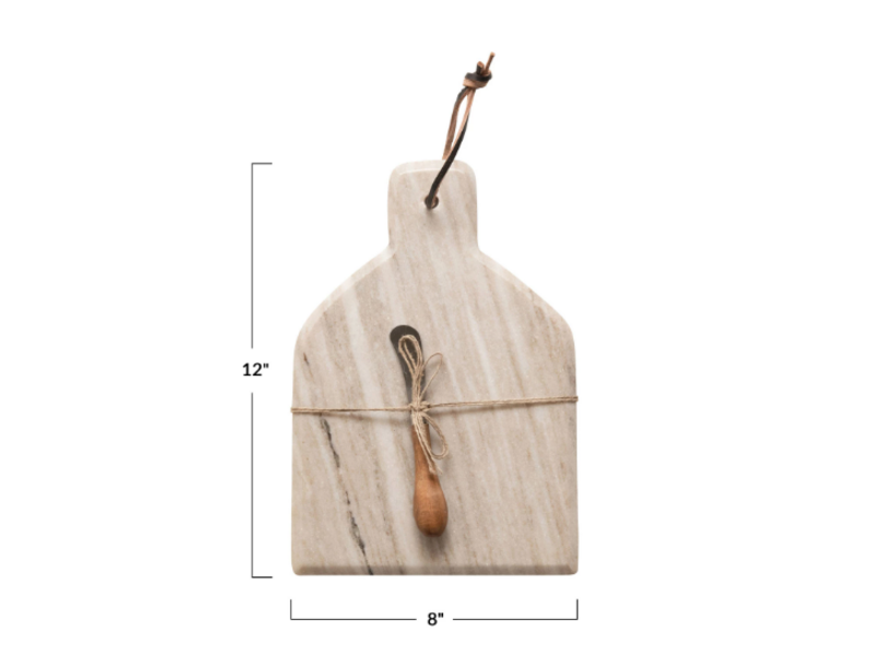 Creative Co-OP Marble Cheese/Cutting Board with Canape Knife, Sand Color, Set of 2