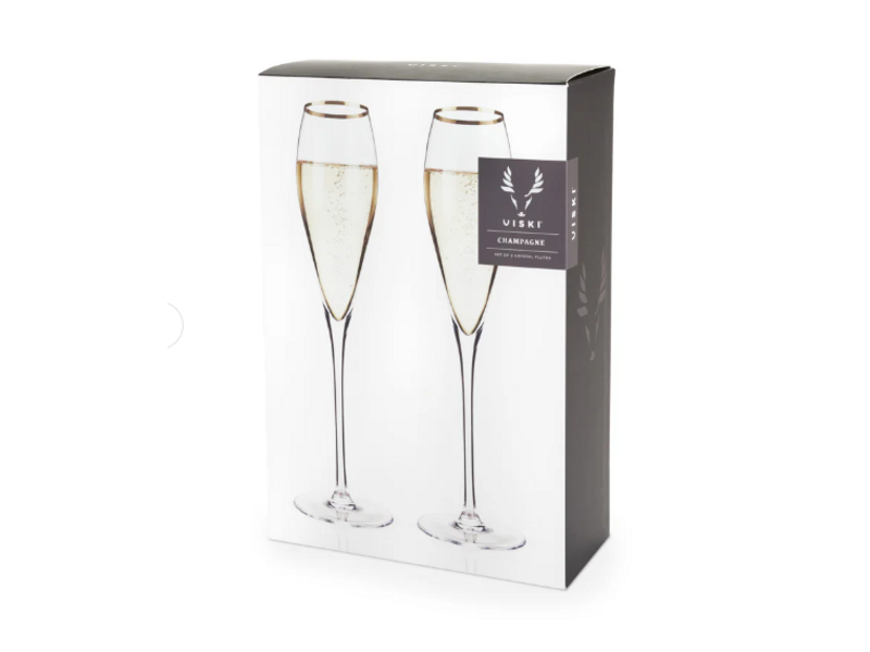 Viski Gold Rimmed Crystal Champagne Flutes, Set of 2
