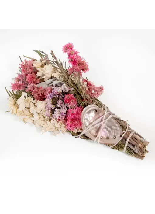 Pink & White Floral Smudge Wand with Shell