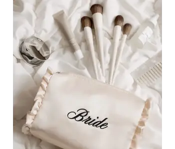 Embroidered Bride Satin Cosmetic Bag | Bridal, Ruffle, Gift