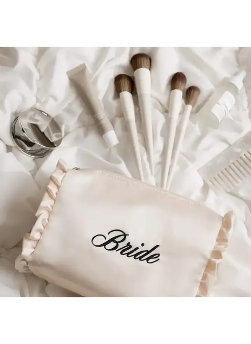 Embroidered Bride Satin Cosmetic Bag | Bridal, Ruffle, Gift