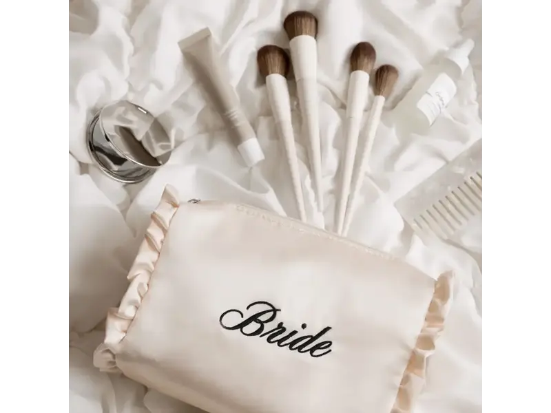 xo, Fetti Embroidered Bride Satin Cosmetic Bag | Bridal, Ruffle, Gift