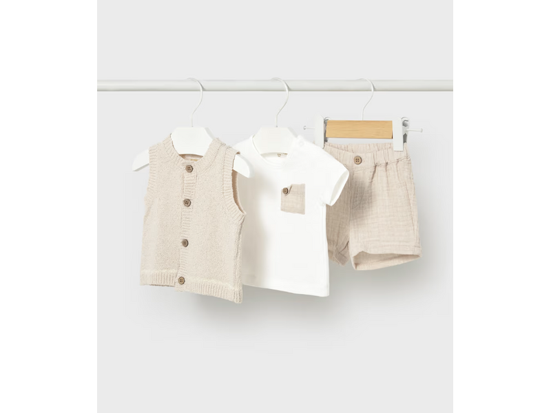 Mayoral Shorts & Knit Vest 3-piece Set Wheat