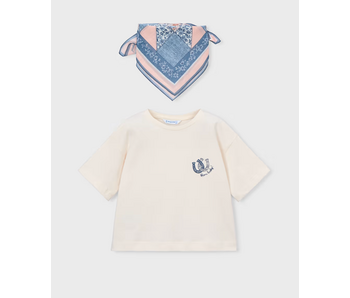 T-shirt with Printed Neck Scarf - Bone/Sky Blue