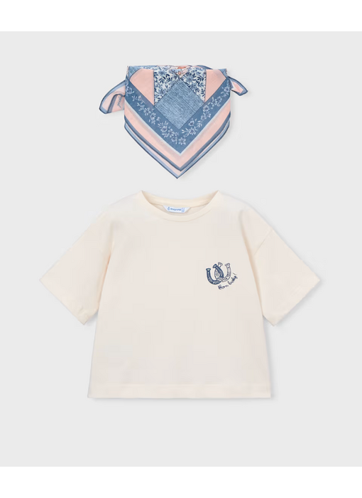 T-shirt with Printed Neck Scarf - Bone/Sky Blue