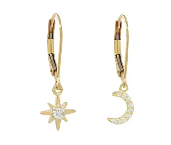 Leverback Moon/Star CZ Earrings, Gold Filled