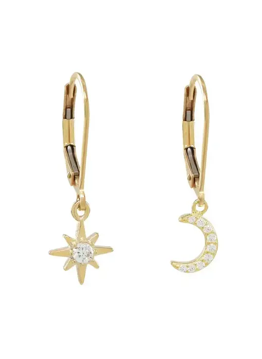 Leverback Moon/Star CZ Earrings, Gold Filled