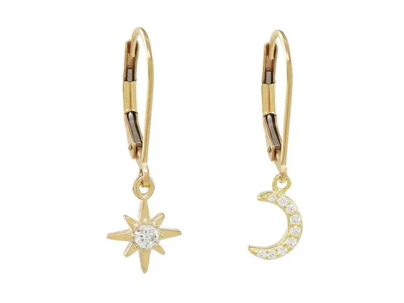 Ofina Jewelry Leverback Moon/Star CZ Earrings, Gold Filled