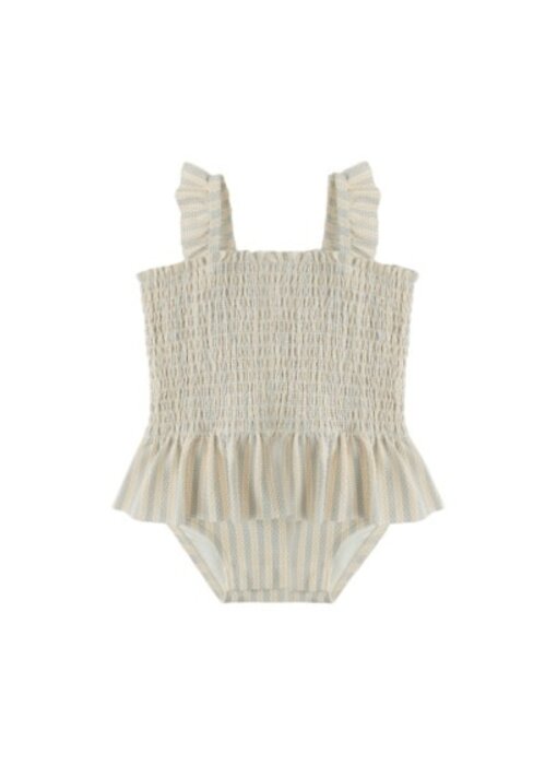 SMOCKED ONE-PIECE SWIMSUIT || BLUE + BUTTERSCOTCH STRIPE