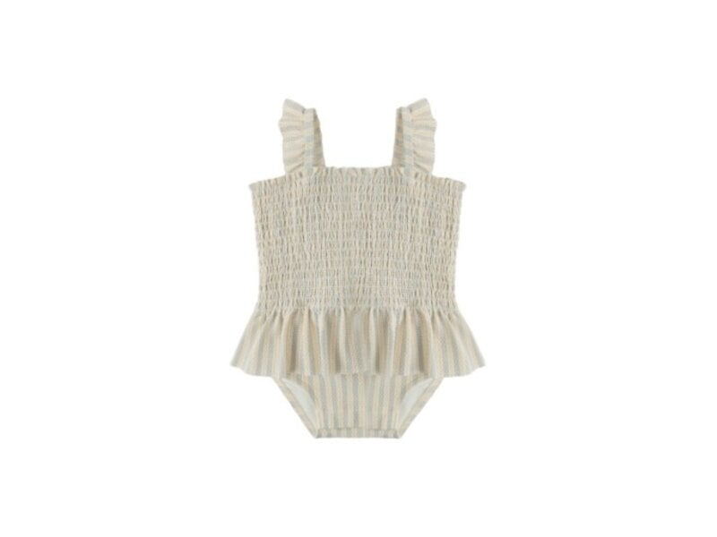 Rylee + Cru LLC SMOCKED ONE-PIECE SWIMSUIT || BLUE + BUTTERSCOTCH STRIPE
