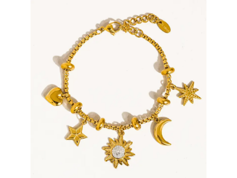 MAIQ Accessories Fenix 18K Gold Non-Tarnish Star and Moon Charm Bracelet