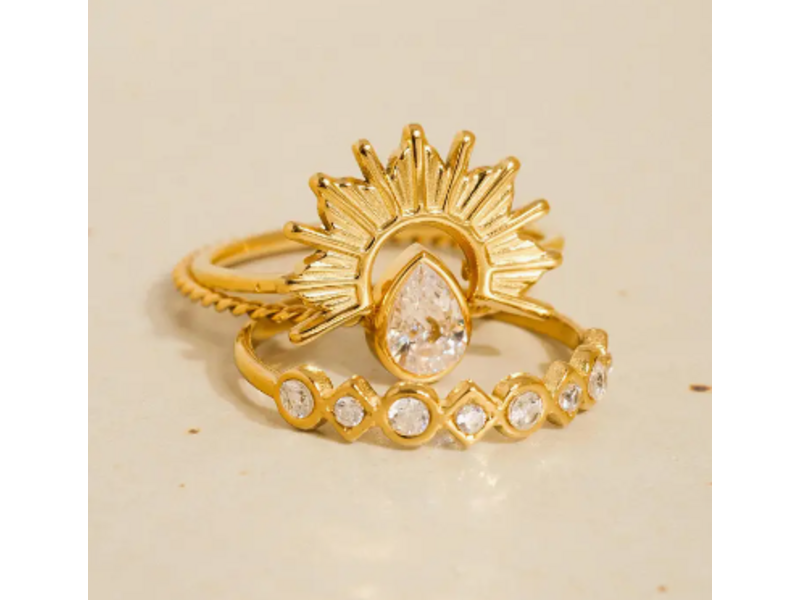 MAIQ Accessories Françoise 18K Gold Non-Tarnish Sun Stone Cz Layered Ring - Set of 2