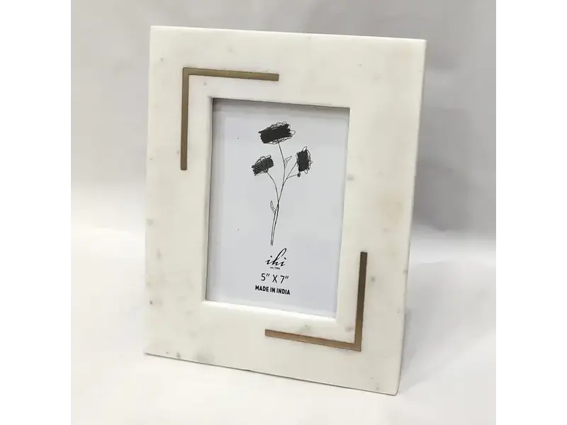 India Handicraft Exporter White Marble Photo Frame W/Brass  - 5x7