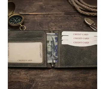 Genuine Leather Money Clip Wallet - Grey