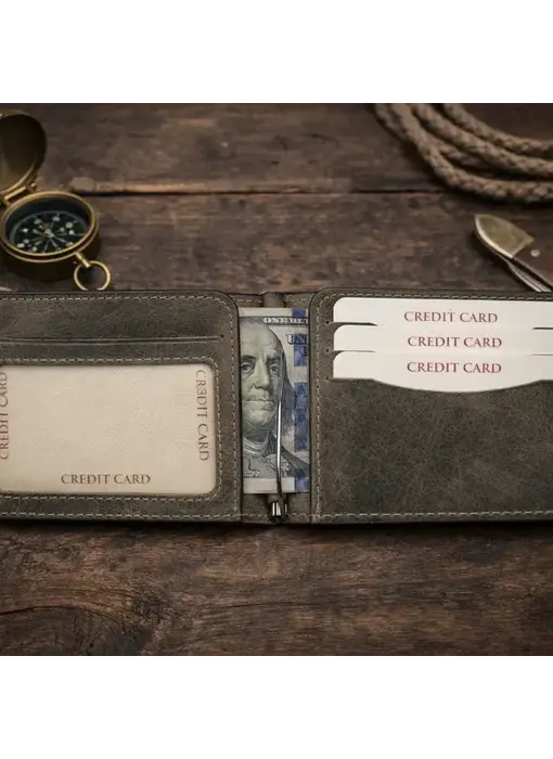Genuine Leather Money Clip Wallet - Grey