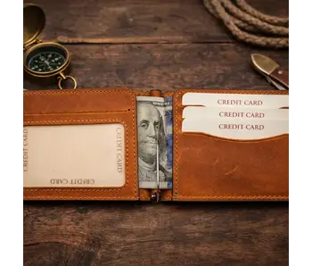 Genuine Leather Money Clip Wallet - Light Brown