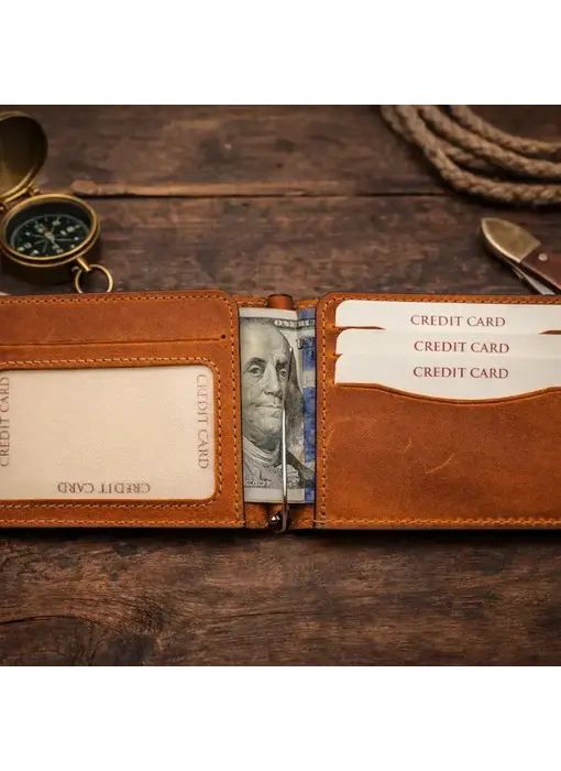 Genuine Leather Money Clip Wallet - Light Brown