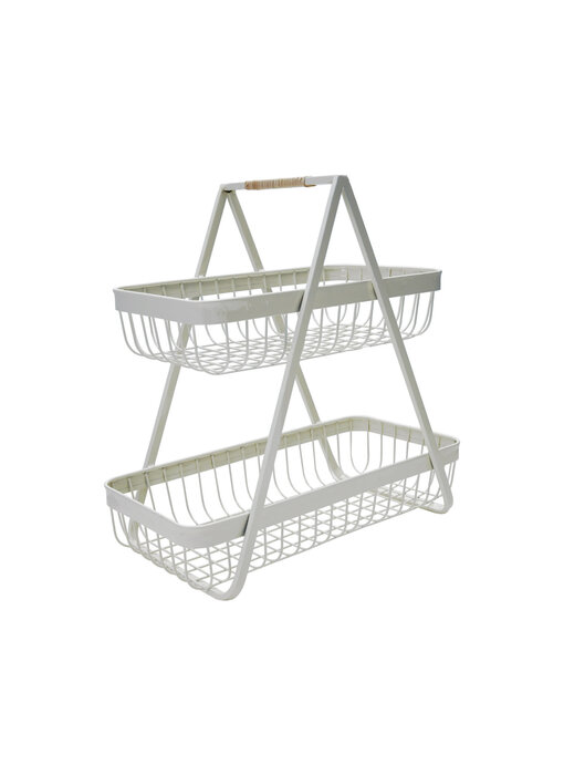 Decorative Metal 2-Tier Tray with Rattan Wrapped Handle, White