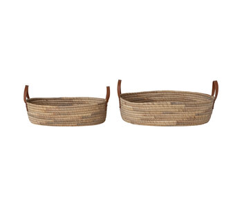 Medium Hand-Woven Seagrass & Water Hyacinth Baskets w/ Leather Handles, Natural