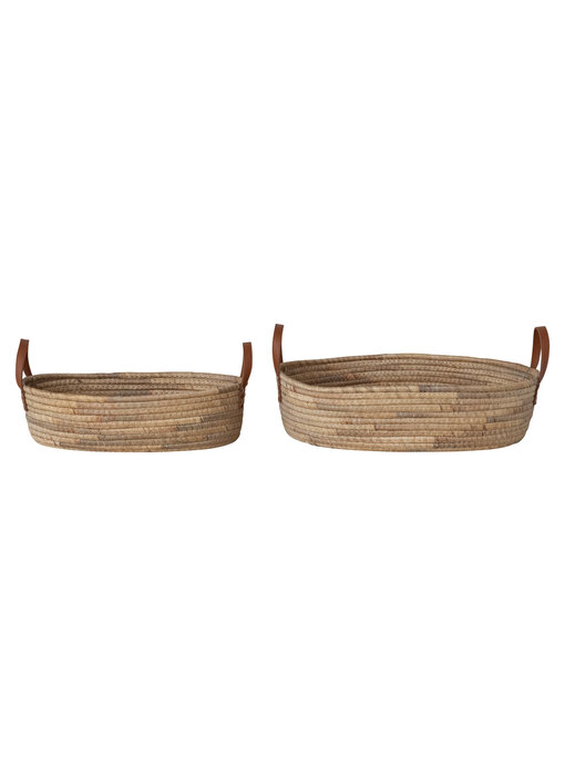 Medium Hand-Woven Seagrass & Water Hyacinth Baskets w/ Leather Handles, Natural