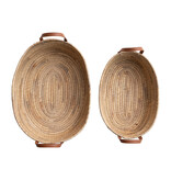 Creative Co-OP Medium Hand-Woven Seagrass & Water Hyacinth Baskets w/ Leather Handles, Natural