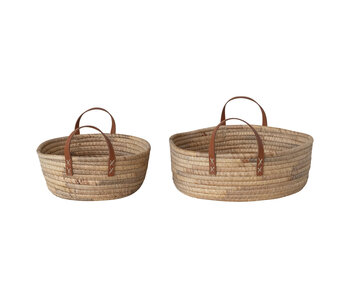 Large Hand-Woven Seagrass & Water Hyacinth Baskets w/ Leather Handles, Natural