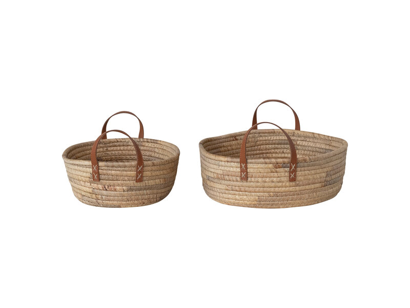 Creative Co-OP Large Hand-Woven Seagrass & Water Hyacinth Baskets w/ Leather Handles, Natural