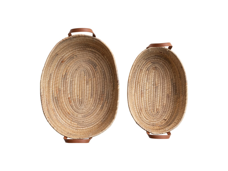 Creative Co-OP Large Hand-Woven Seagrass & Water Hyacinth Baskets w/ Leather Handles, Natural