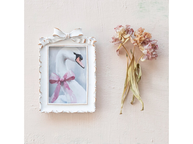 Creative Co-OP Plastic Photo Frame with Bow, Antique White & Gold Finish (4x6)
