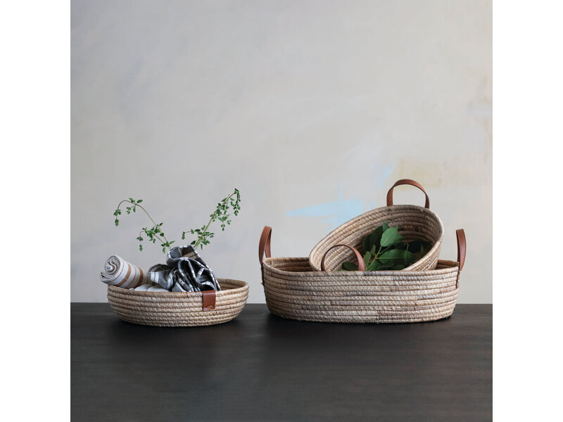 Creative Co-OP Large Hand-Woven Seagrass & Water Hyacinth Baskets w/ Leather Handles, Natural