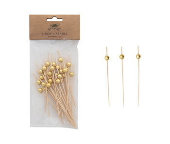 Bamboo Single Use Picks w/ Ball Handles, Natural & Gold Finish
