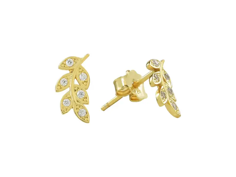 Ofina Jewelry CZ Leaf Studs, Gold Vermeil