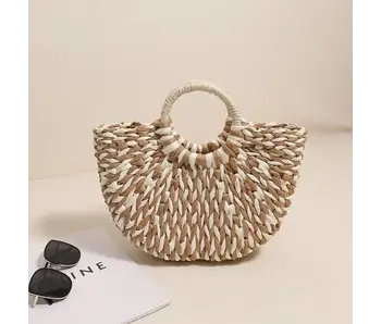 Color-Blocked Half-Circle Woven Straw Tote Bag