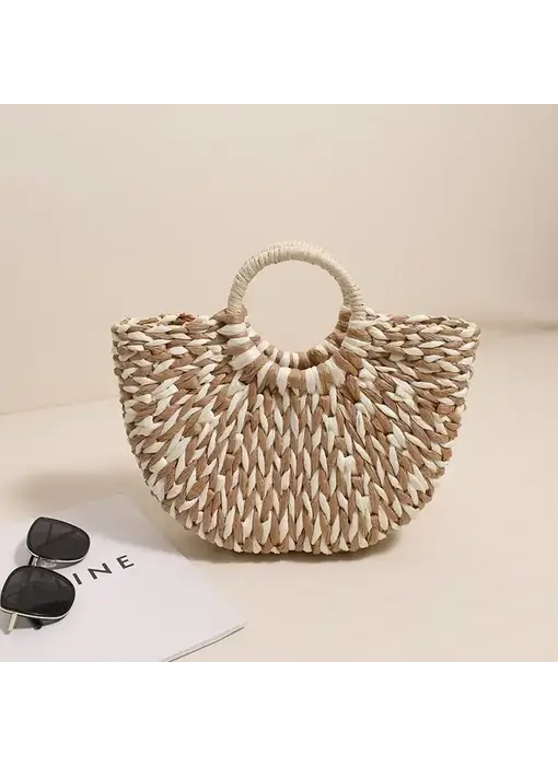 Color-Blocked Half-Circle Woven Straw Tote Bag