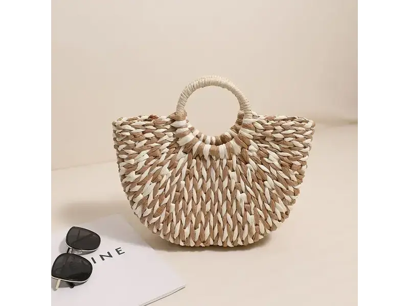UZ Wholesale Store Color-Blocked Half-Circle Woven Straw Tote Bag