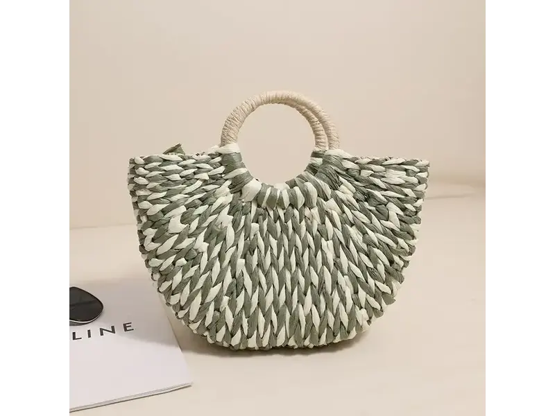 UZ Wholesale Store Color-Blocked Half-Circle Woven Straw Tote Bag