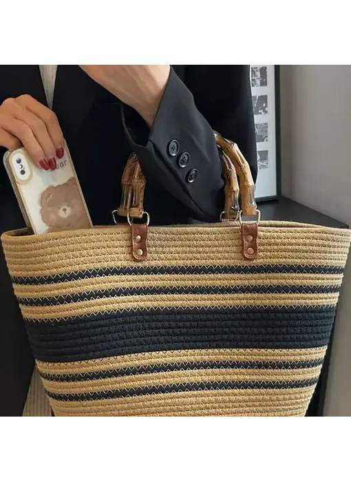 Contrast Color Split-Joint Striped Handbags Khaki