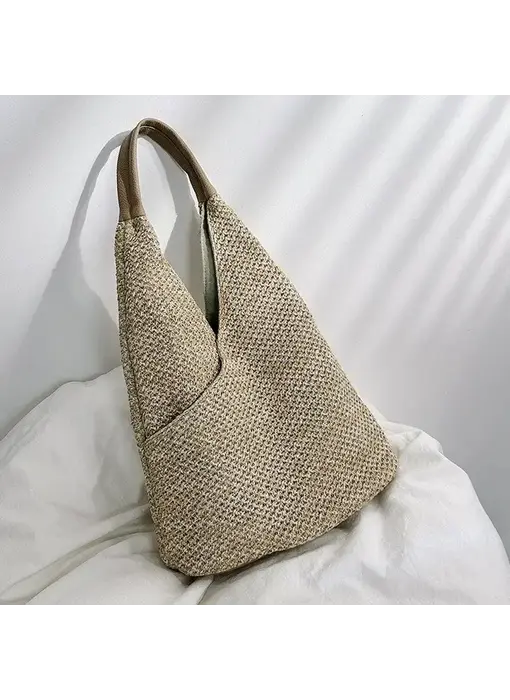 Stylish Oversized Straw Woven Tote with Ample Storage - Khaki