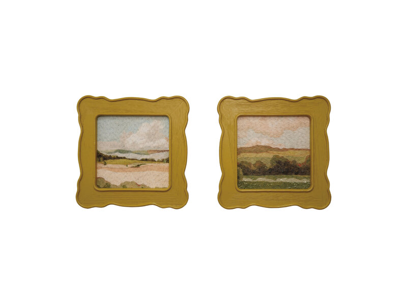 Creative Co-OP Slub Fabric Wall Décor with Scalloped Wood Frame, 2 Styles