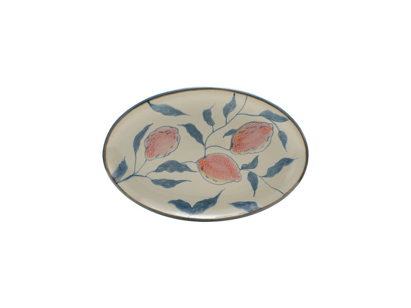 Creative Co-OP Oval Hand-Painted Stoneware Platter with Lemons