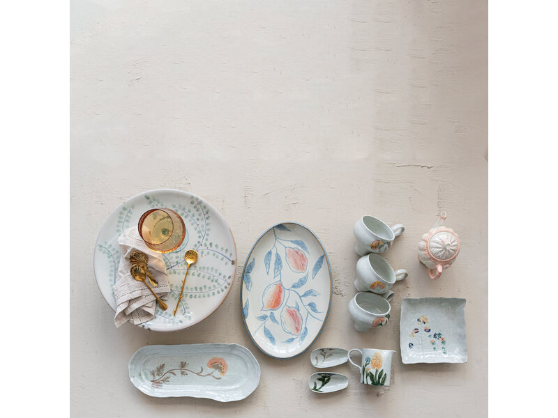 Creative Co-OP Oval Hand-Painted Stoneware Platter with Lemons