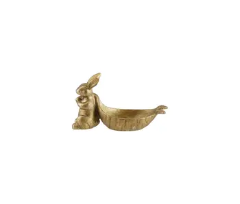 Decorative Pewter Rabbit Pulling Carrot Shaped Dish, Antique Gold Finish
