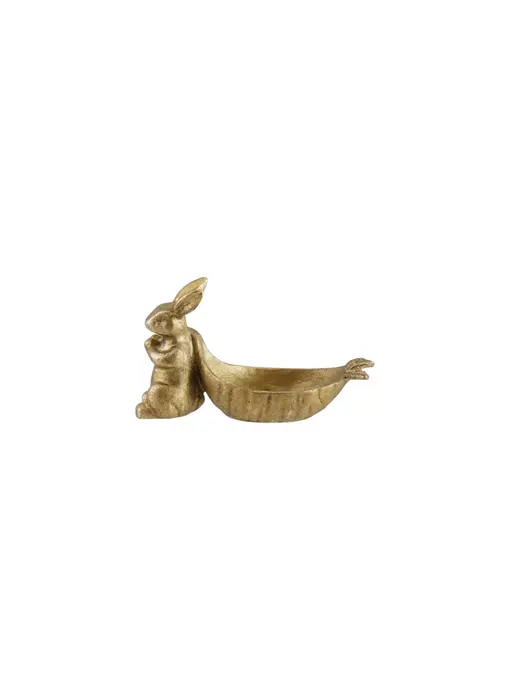 Decorative Pewter Rabbit Pulling Carrot Shaped Dish, Antique Gold Finish